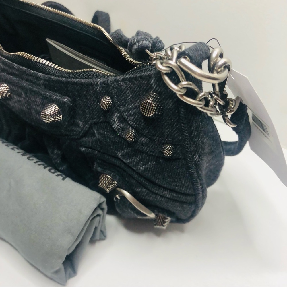 BALENCIAGA LE CAGOLE DENIM MINI BAG W/ CHAIN & STRAP - Picture 9 of 14
